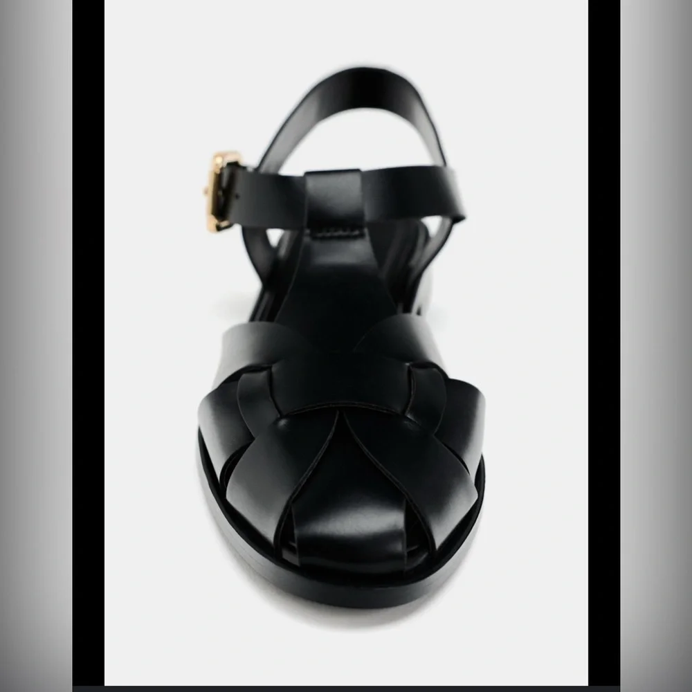 Zara Black Braided Leather Sandals with Gold Buckle - Picture 3 of 7